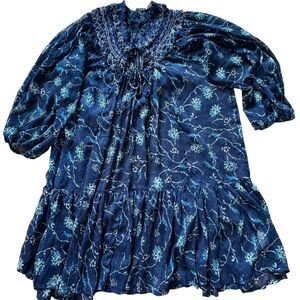 Boho Sheer Free People Mini Dress – Blue Floral Smocked Peasant Style (M)